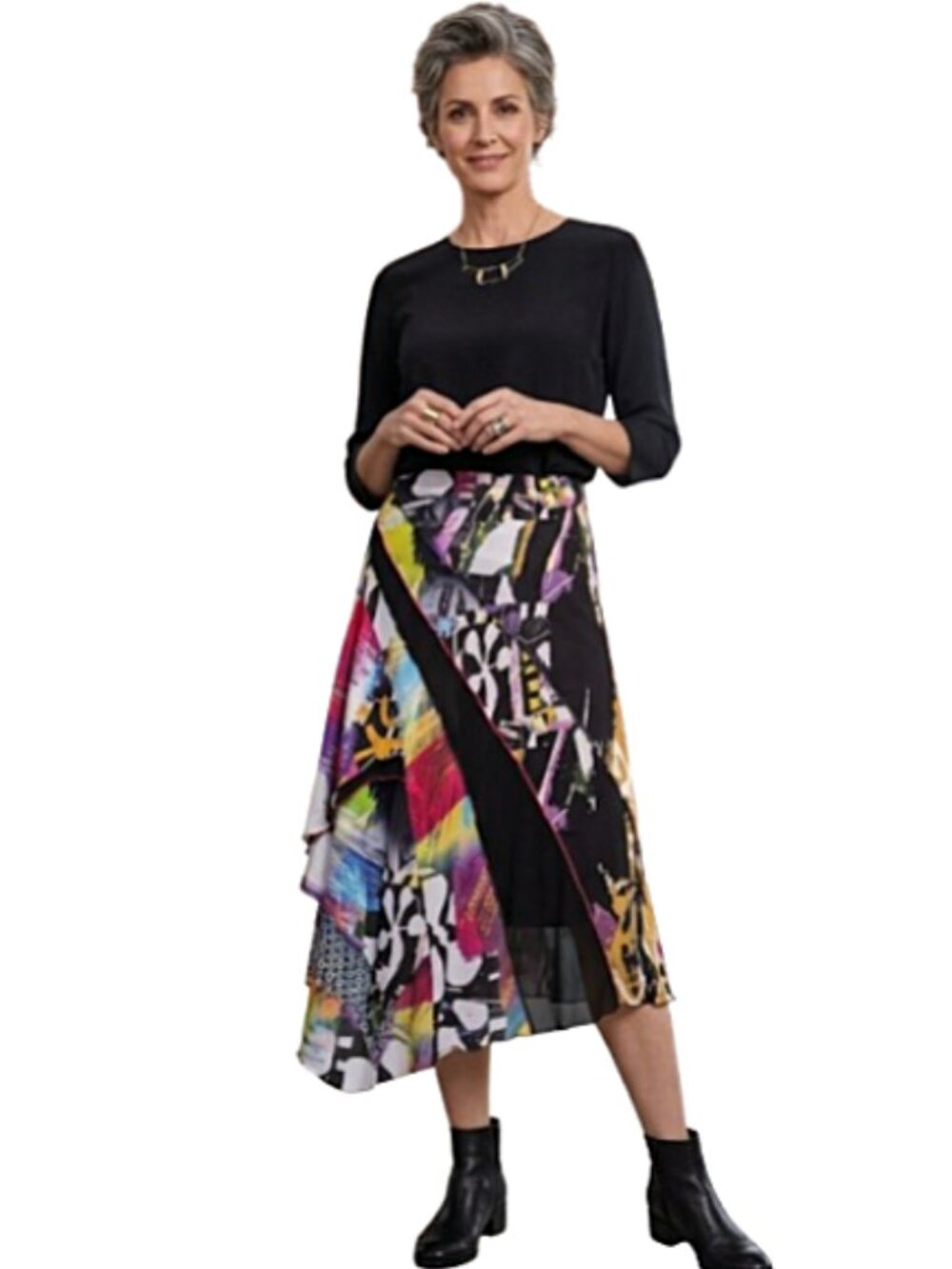 Pause Café France Abstract Art Print Asymmetrical Midi Skirt Colorful Boho Large